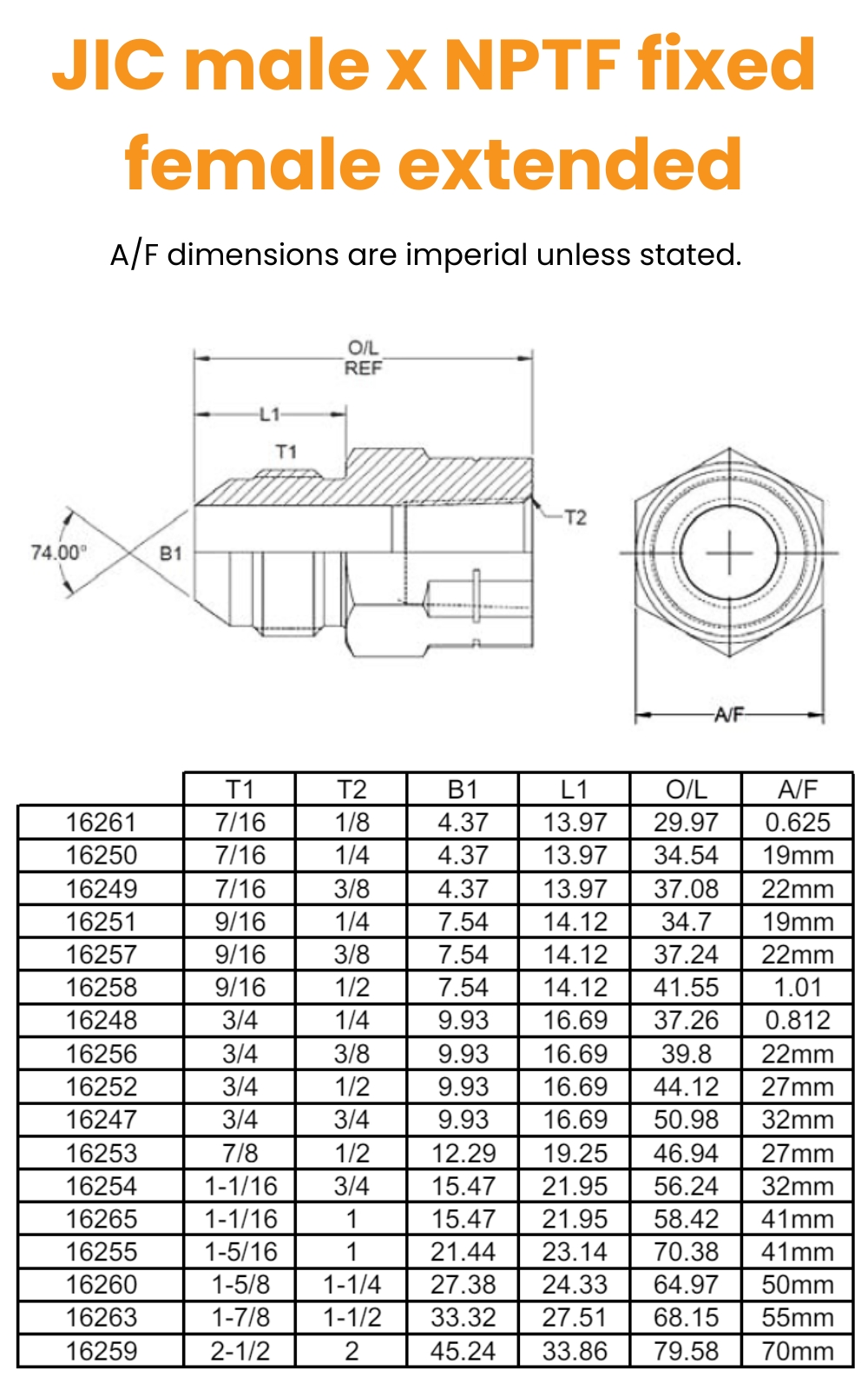 7/16 JIC x 1/8 NPTF M/Fix Fem Ext Hydraulic Adaptor
